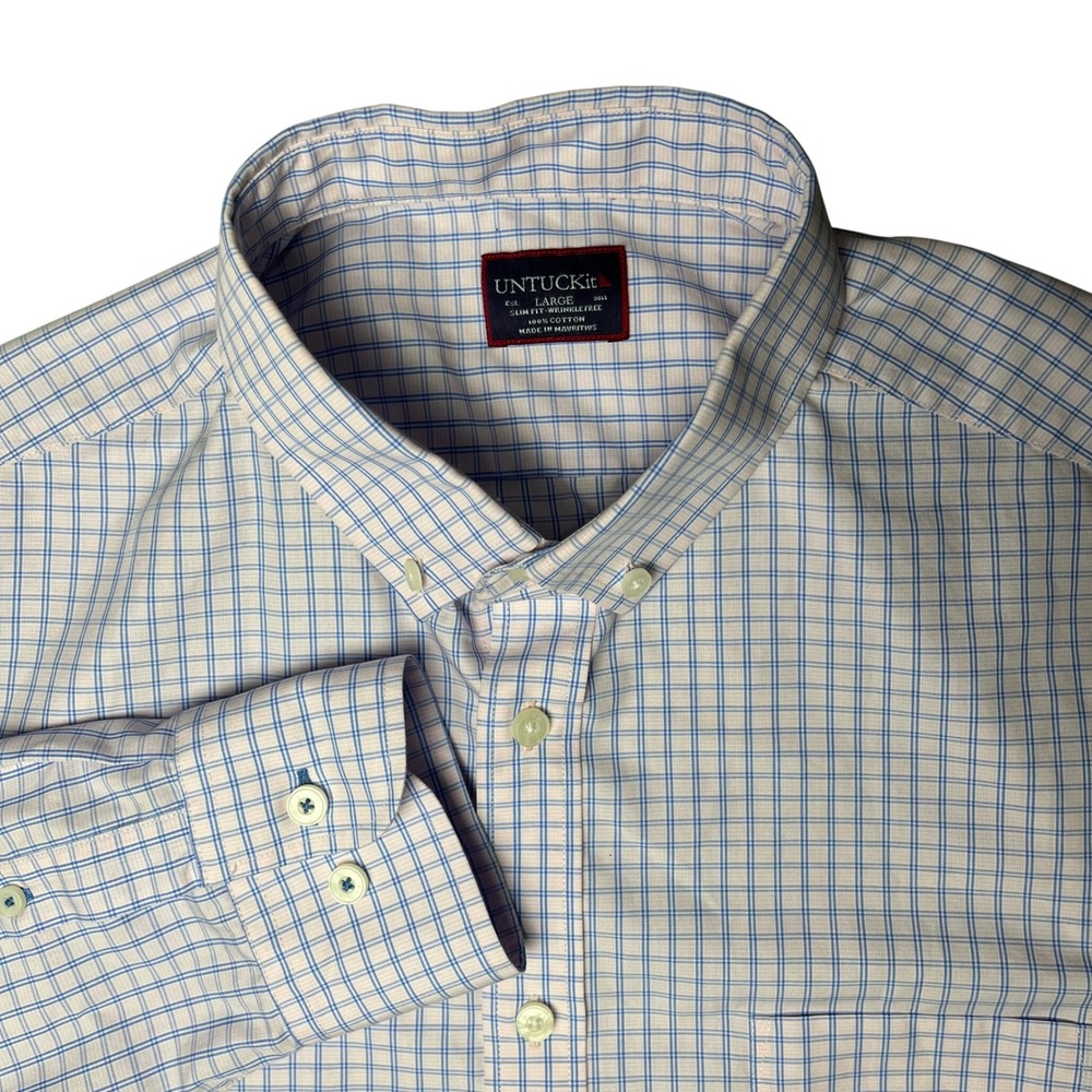 UNTUCKit Button Down Shirt Mens Large Pink Blue Slim Fit Wrinkle Free Check
